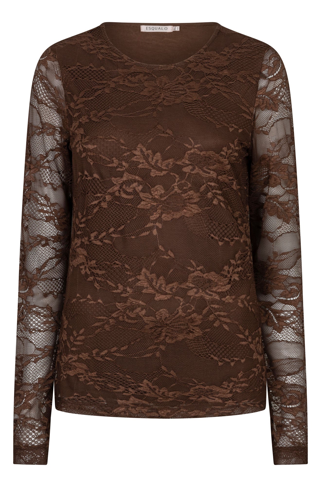 Esqualo women's brown long sleeve floral lace blouse with round neckline and sheer sleeves shown from the front