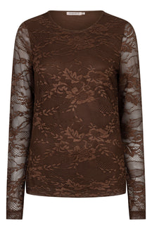 Vue de face du blouse à manches longues brune en dentelle florale, encolure ronde pour femme par Esqualo