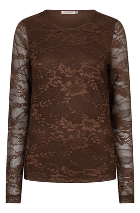Esqualo women's brown long sleeve floral lace blouse with round neckline and sheer sleeves shown from the front