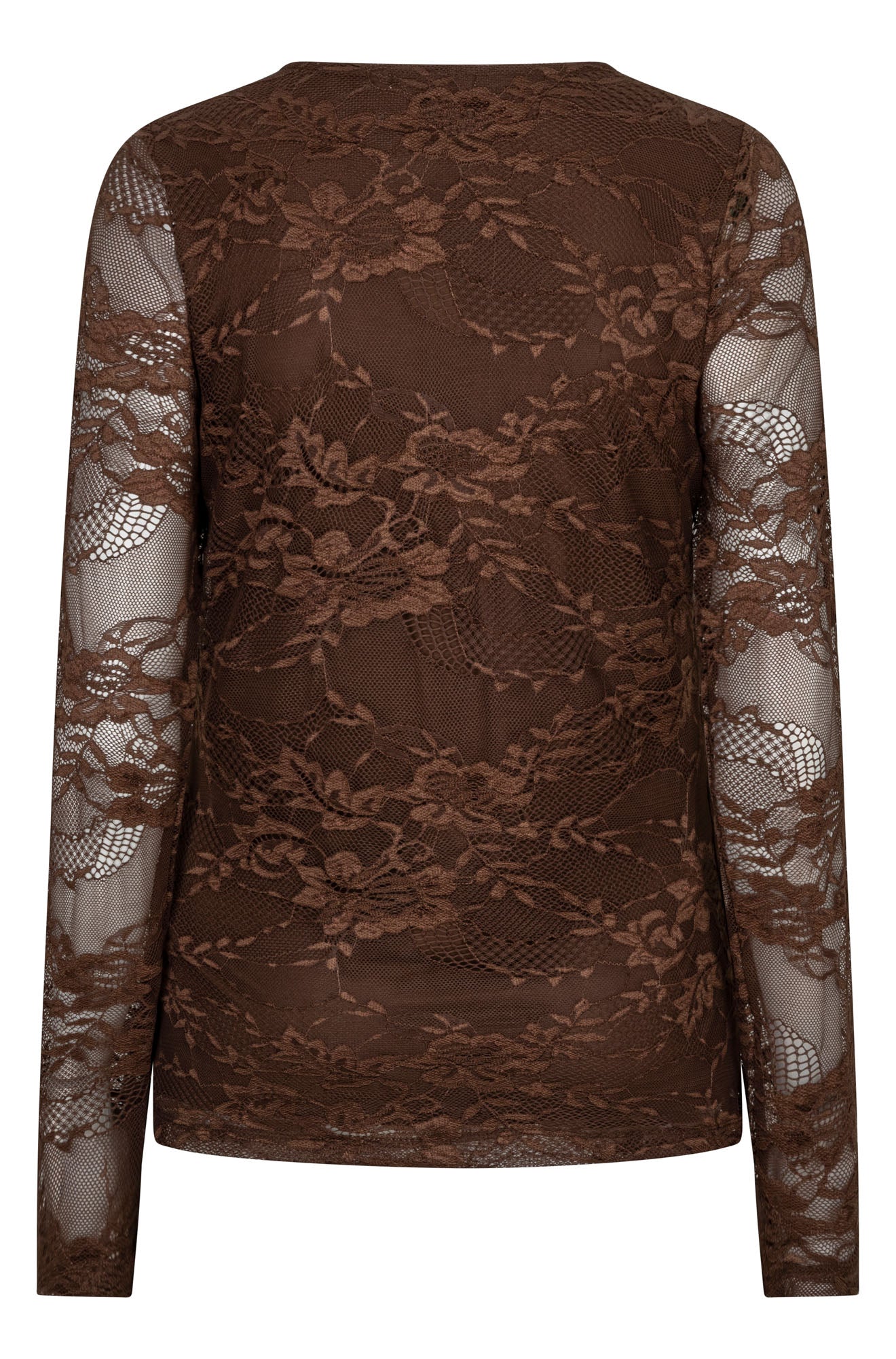Esqualo women's brown long sleeve floral lace blouse with sheer sleeves and lined body, back view
