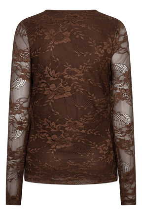 Esqualo women's brown long sleeve floral lace blouse with sheer sleeves and lined body, back view