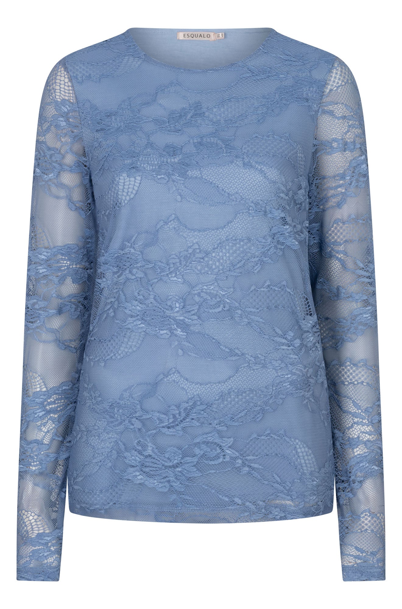 Esqualo women's dusty blue long sleeve floral lace blouse with round neckline and sheer sleeves, front product view