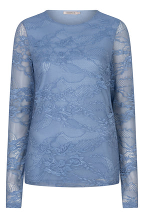 Esqualo women's dusty blue long sleeve floral lace blouse with round neckline and sheer sleeves, front product view