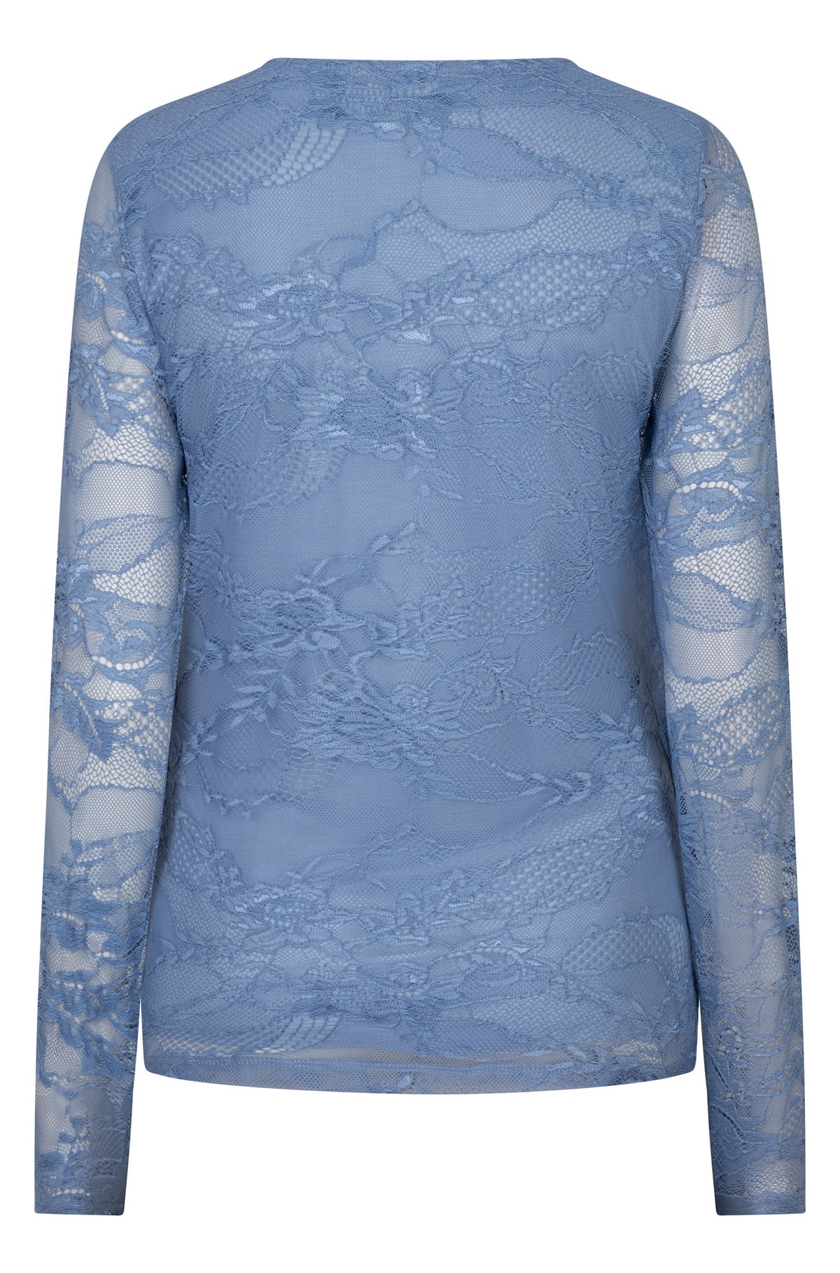 Vue arrière d’une blouse en dentelle florale bleu doux à manches longues transparentes pour femme par Esqualo