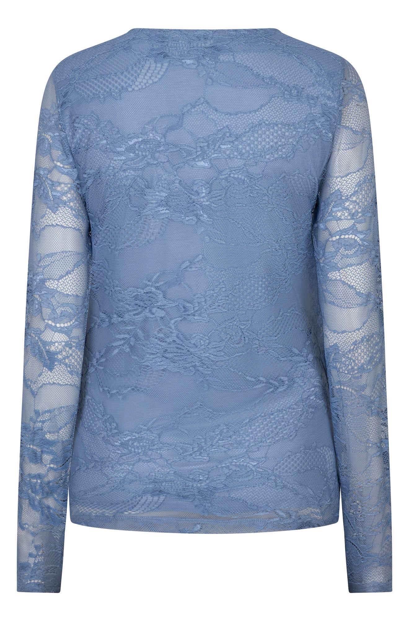 Esqualo women's dusty blue long sleeve floral lace blouse with sheer sleeves and straight hem shown from the back