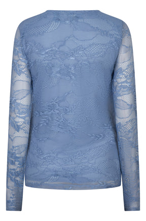 Esqualo women's dusty blue long sleeve floral lace blouse with sheer sleeves and straight hem shown from the back