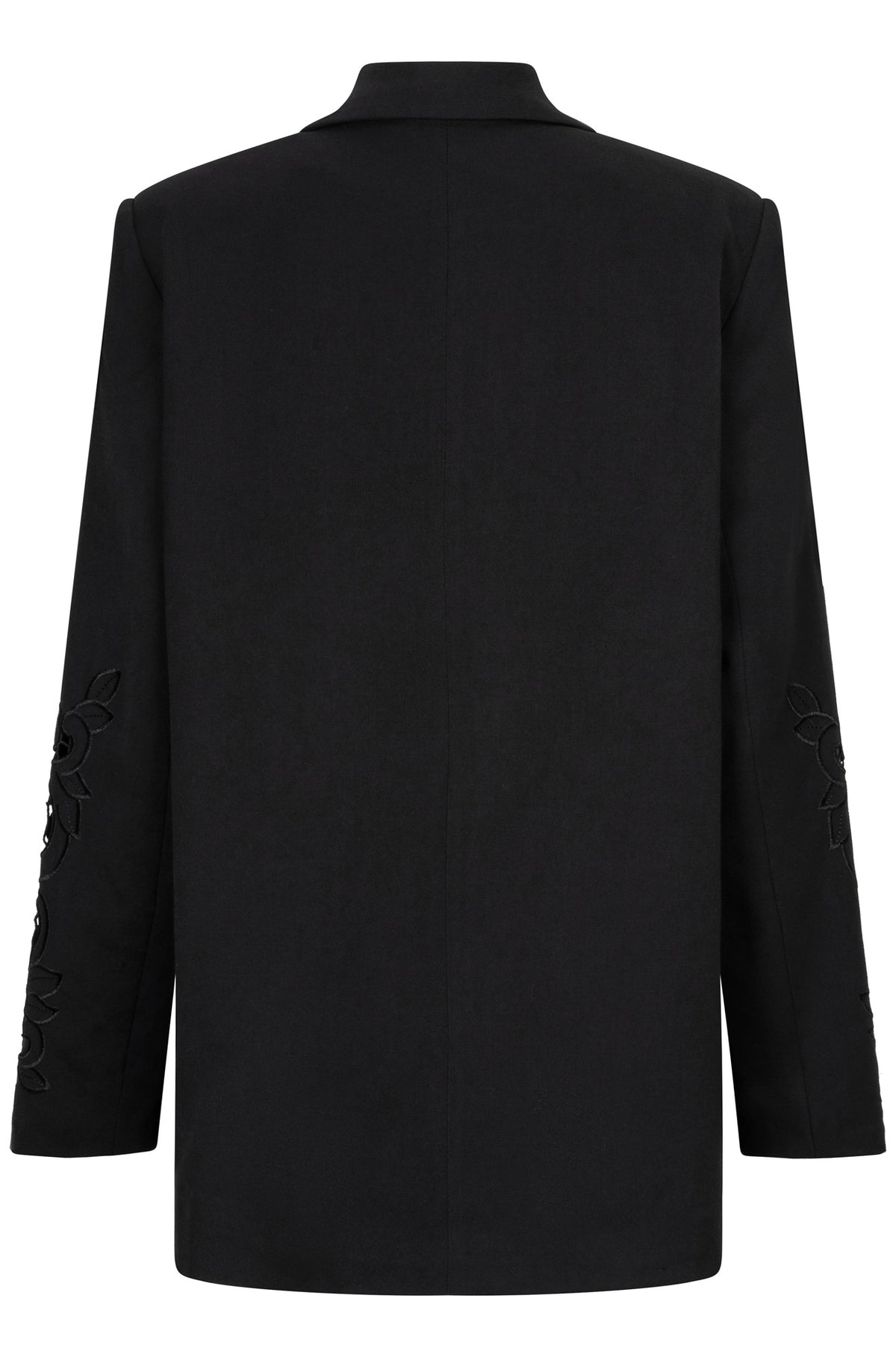 Veston noir isolé de dos avec couture centrale, col rabattu et broderie florale aux manches pour femme par Esqualo