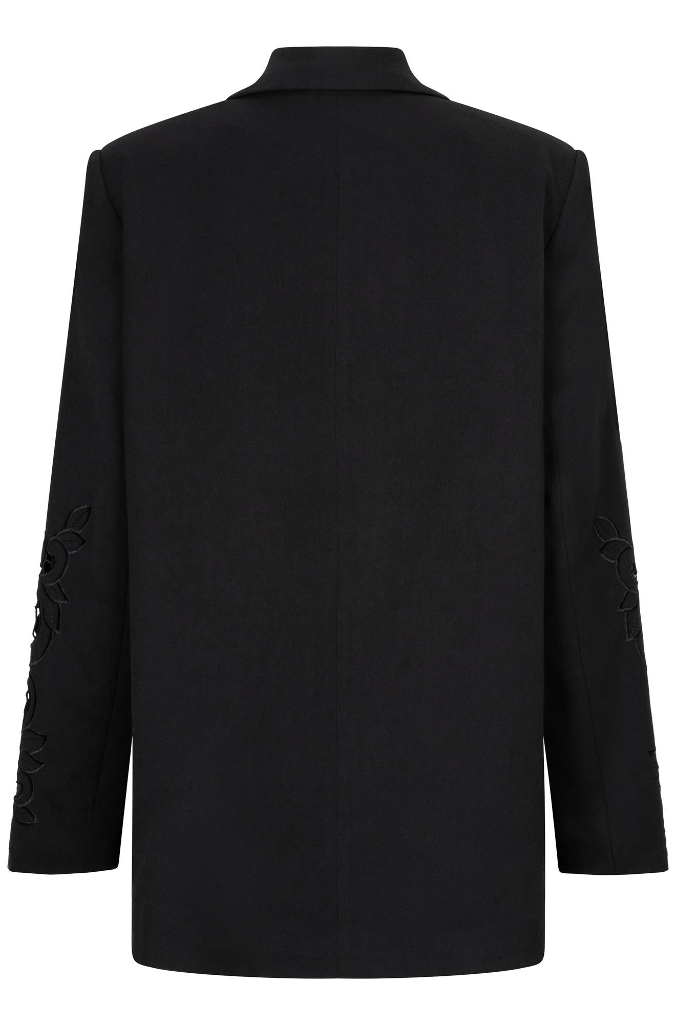 Veston noir isolé de dos avec couture centrale, col rabattu et broderie florale aux manches pour femme par Esqualo