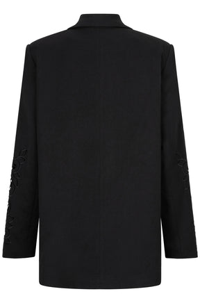 Veston noir isolé de dos avec couture centrale, col rabattu et broderie florale aux manches pour femme par Esqualo