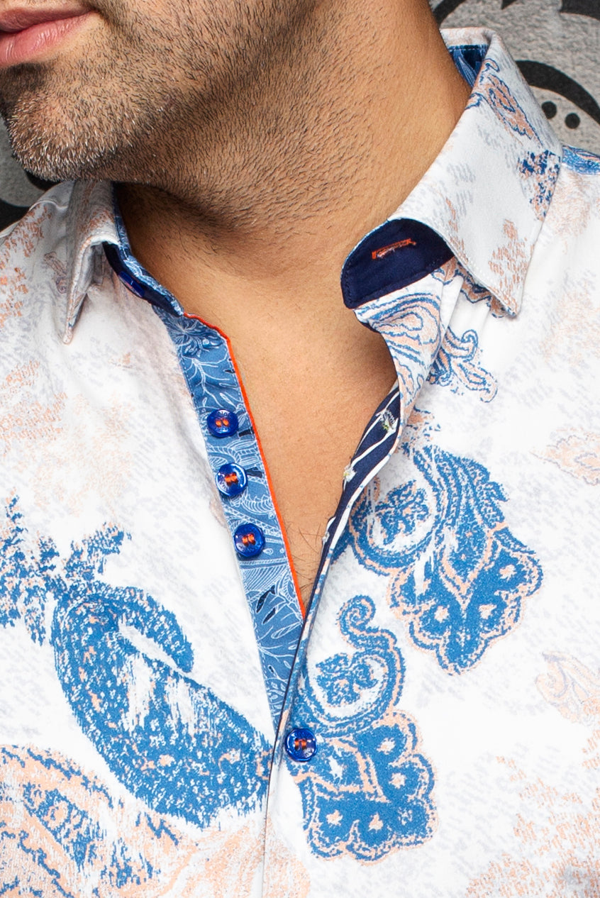 Chemise manches courtes en coton extensible pour homme par Au Noir | WATERFORD (SS) Blanc Orange | Boutique Vvög, inventaire complet de la marque Au Noir