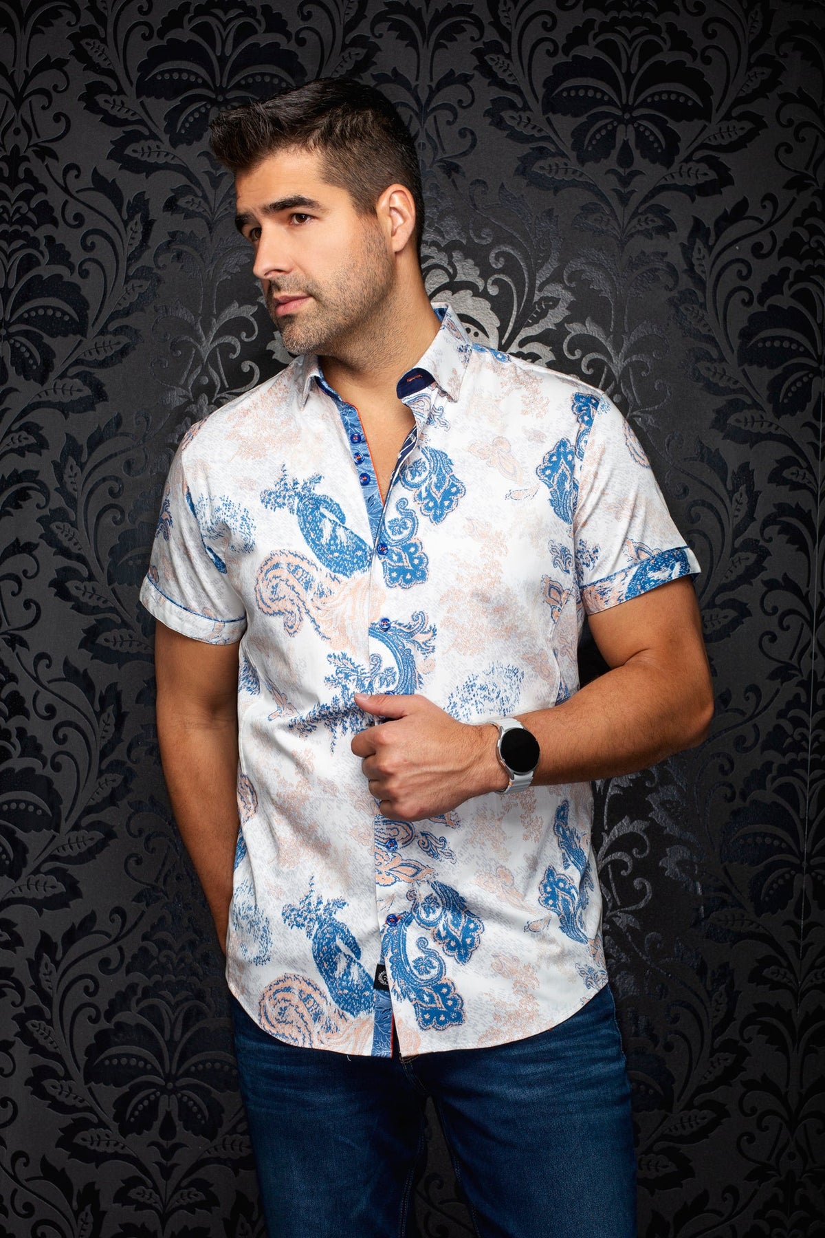 Chemise manches courtes en coton extensible pour homme par Au Noir | WATERFORD (SS) Blanc Orange | Boutique Vvög, inventaire complet de la marque Au Noir