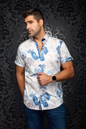 Chemise manches courtes en coton extensible pour homme par Au Noir | WATERFORD (SS) Blanc Orange | Boutique Vvög, inventaire complet de la marque Au Noir