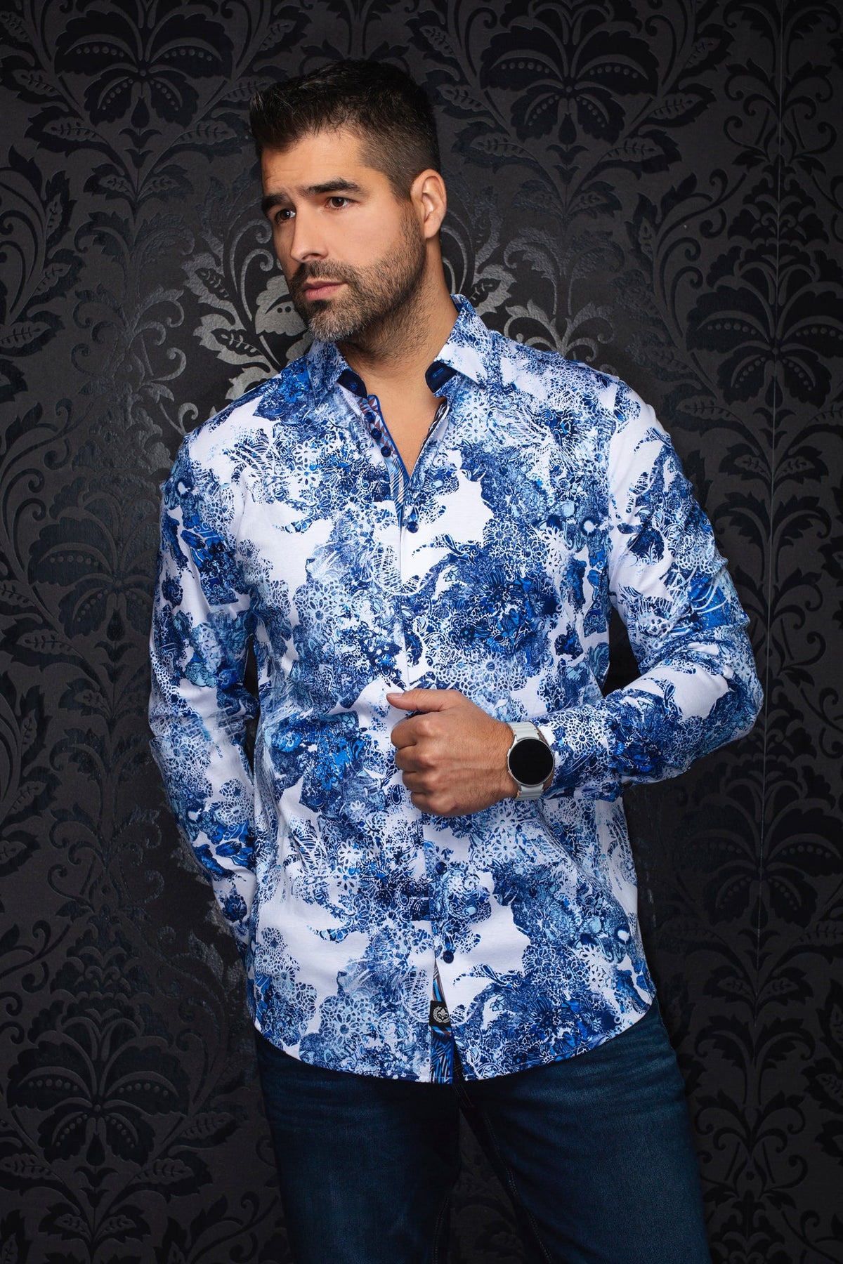 Chemise manches longues en Knit extensible pour homme par Au Noir | WISTERIA Bleu | Boutique Vvög, inventaire complet de la marque Au Noir