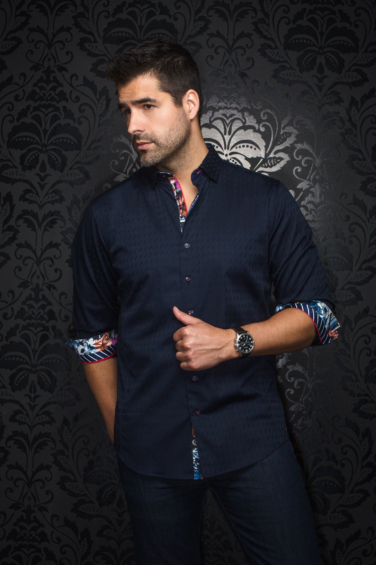 Chemise manches longues pour homme par Au Noir | WOLVERIN JACQUARD Bleu Marine | Boutique Vvög, inventaire complet de la marque Au Noir