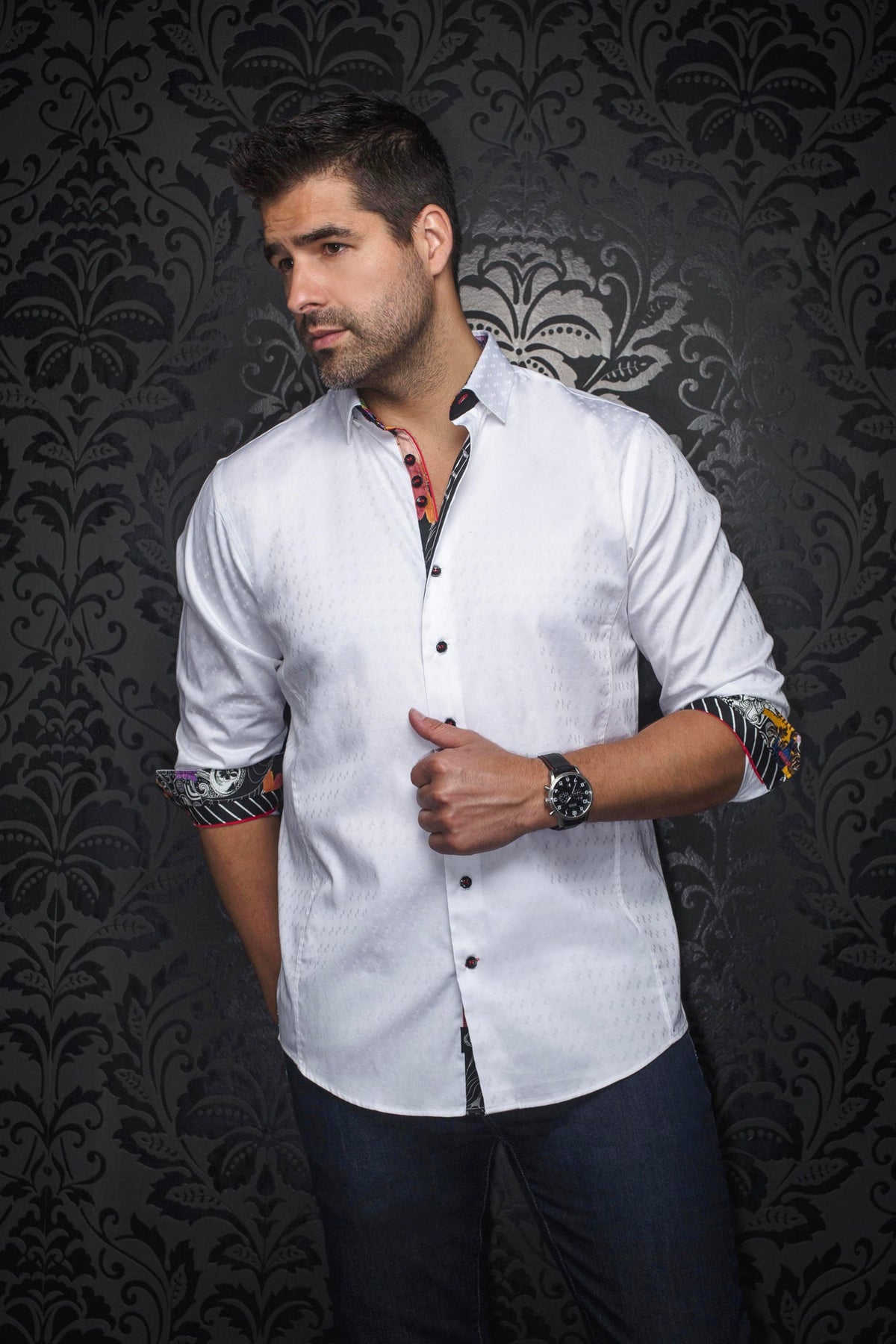 Chemise manches longues pour homme par Au Noir | WOLVERIN JACQUARD Blanc | Boutique Vvög, inventaire complet de la marque Au Noir