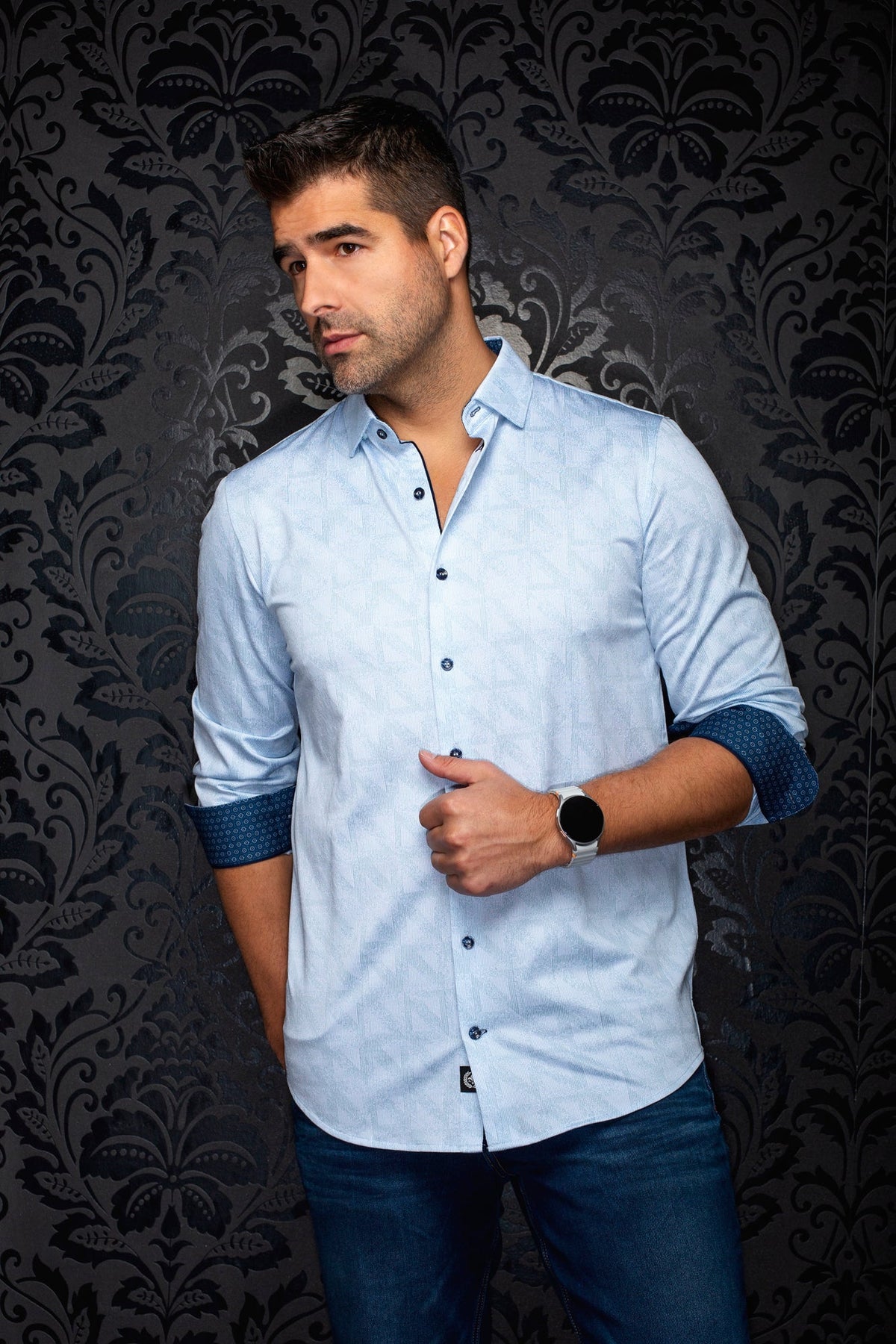 Chemise manches longues en Knit extensible pour homme par Au Noir | YUCCA Bleu | Boutique Vvög, inventaire complet de la marque Au Noir