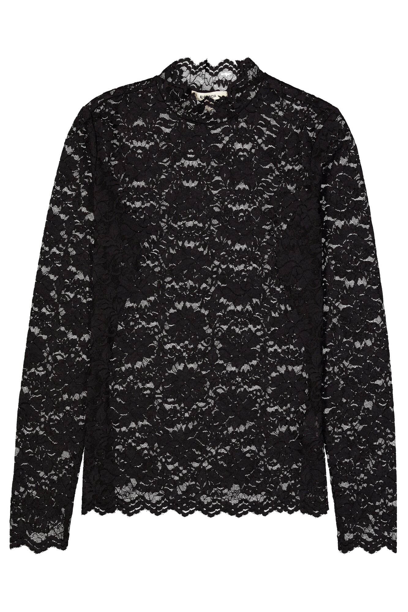 Garcia women's black floral lace long sleeve blouse, isolated front view with scalloped neck, cuffs, and hem