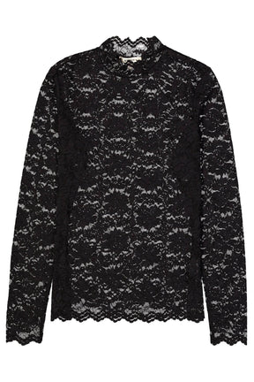 Garcia women's black floral lace long sleeve blouse, isolated front view with scalloped neck, cuffs, and hem