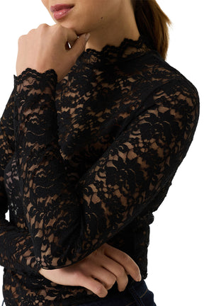 Garcia women's black floral lace long-sleeve blouse showing scalloped mock neck and sheer, close-up