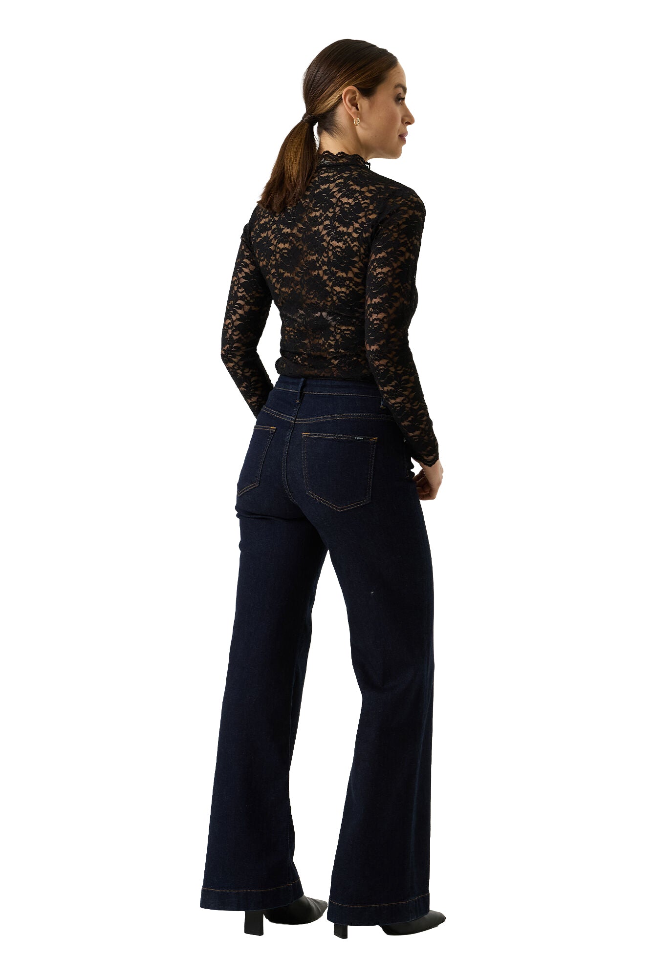 Garcia women's black floral lace long sleeve blouse on model, back view showing sheer lace and high neck