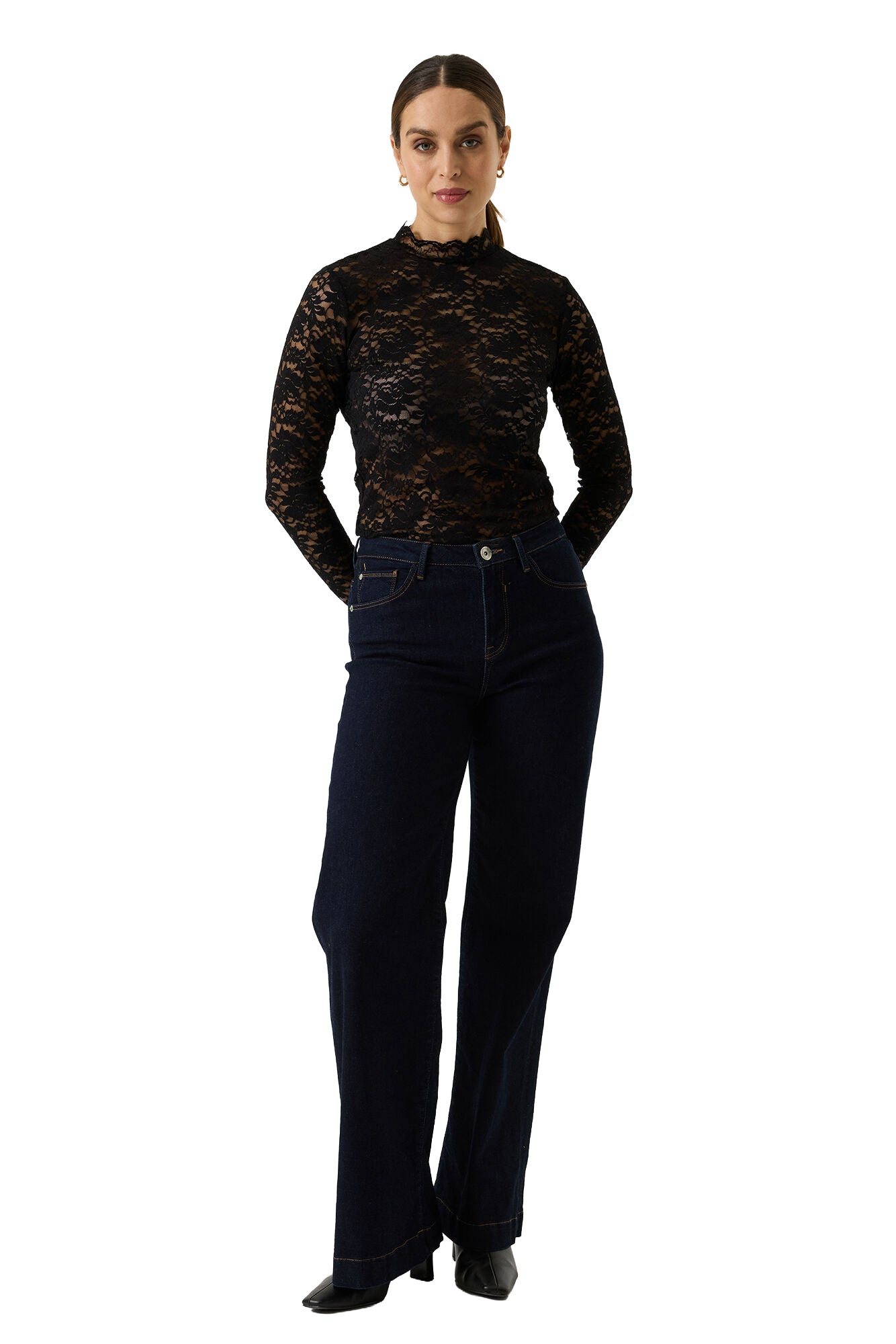 Women's black floral lace long sleeve blouse on model, full front view with high scalloped neck by Garcia