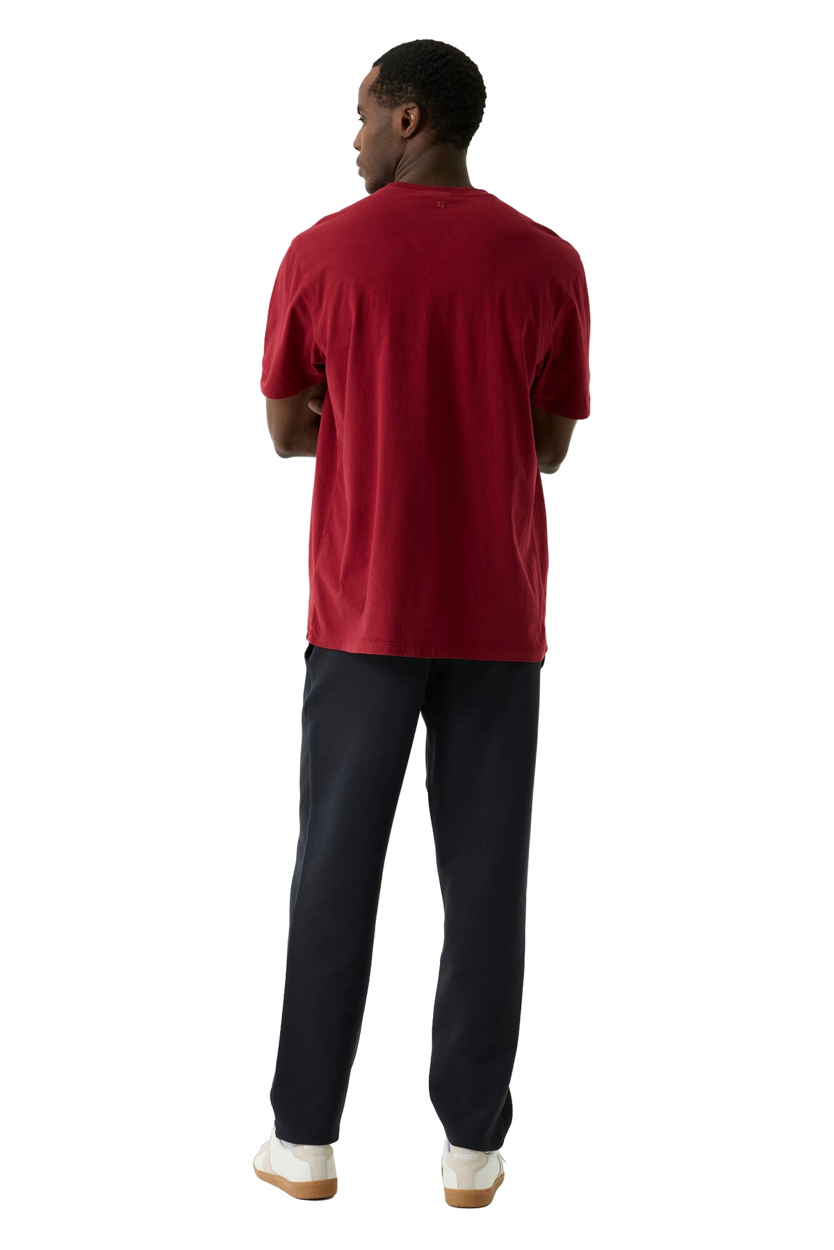 Garcia men's burgundy red Short-sleeve T-Shirt with small logo below the back neck, back model view
