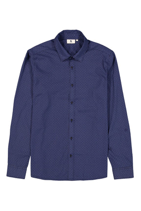 Chemise manches longues boutonnée bleu foncé à micro motif avec col pointu pour homme par Garcia, vue de face isolée
