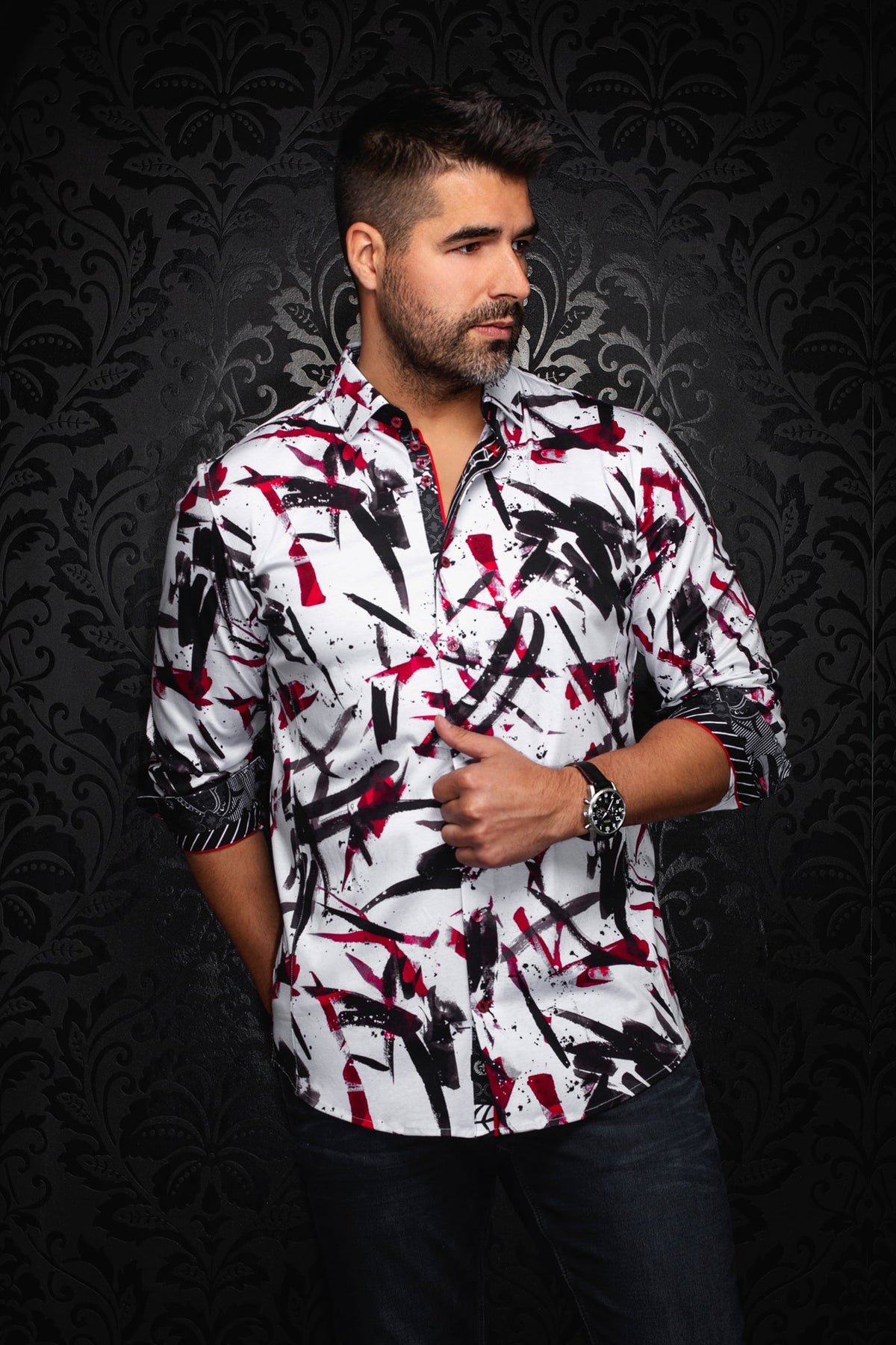 Chemise manches longues en Knit pour homme par Au Noir | ZANDER Blanc Rouge | Boutique Vvög, inventaire complet de la marque Au Noir