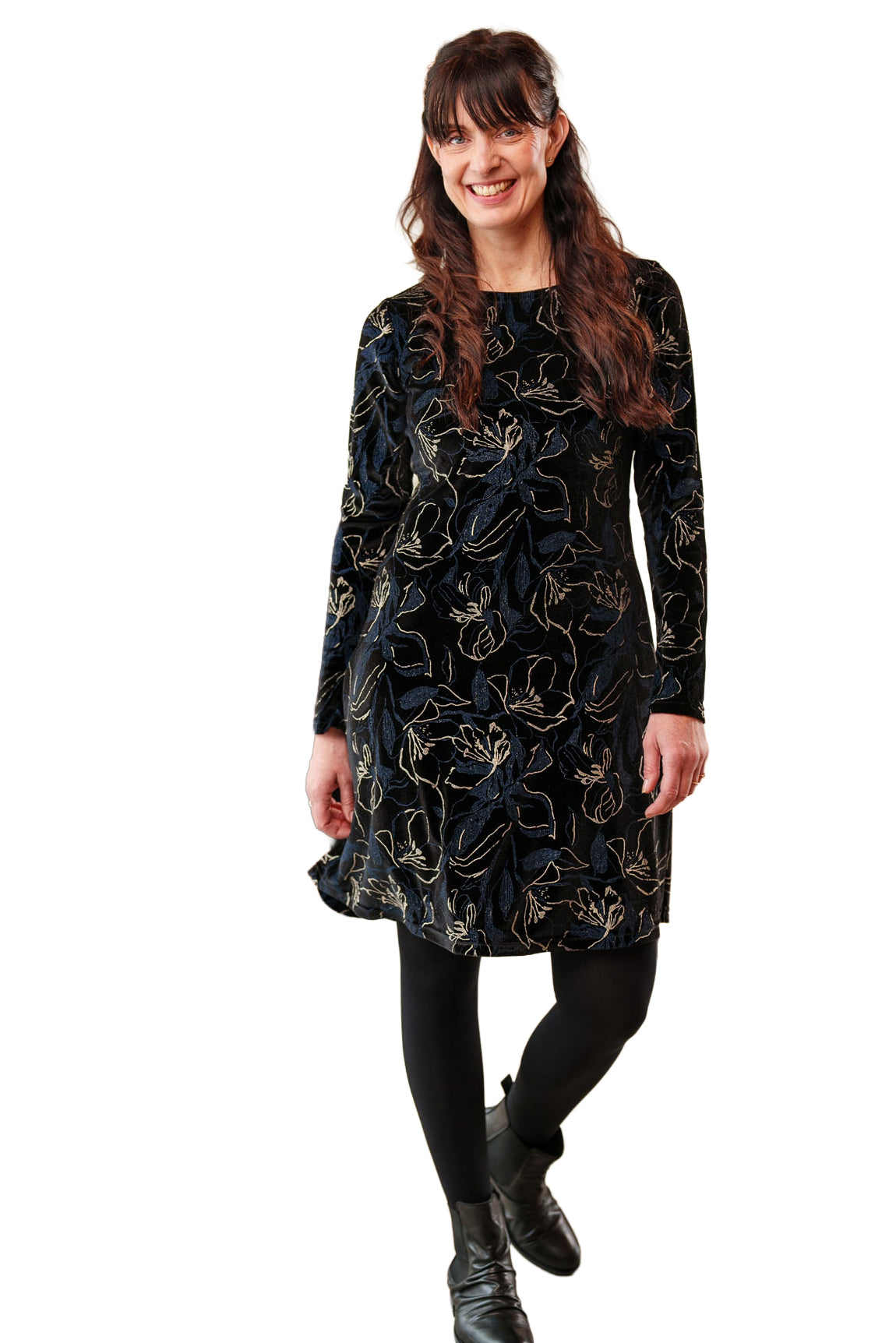 Robe pour femme par Rien ne se perd, tout se crée | Larix Velours noir marine et or | Boutique Vvög, vêtements mode pour homme et femme