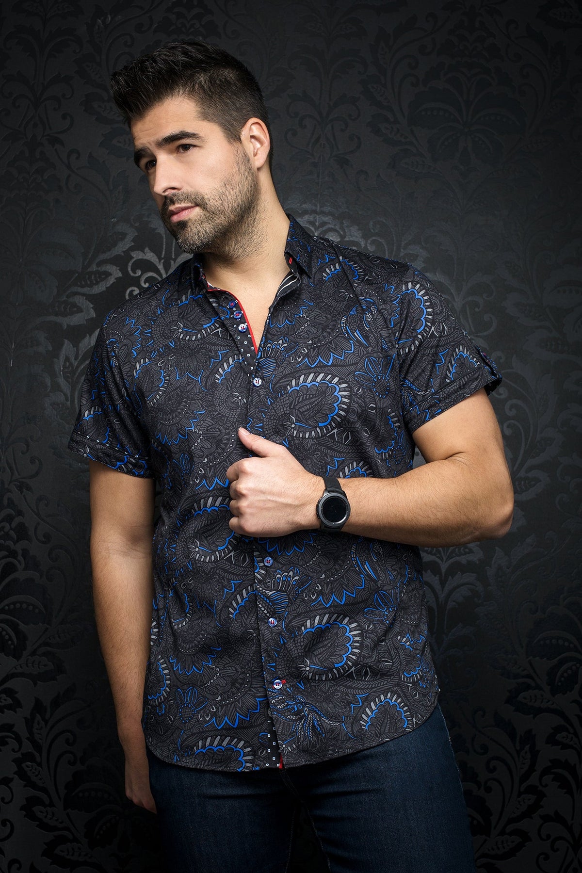 Chemise manches courtes en Knit pour homme par Au Noir | ESPINOZA (SS) black blue | Boutique Vvög, inventaire complet de la marque Au Noir
