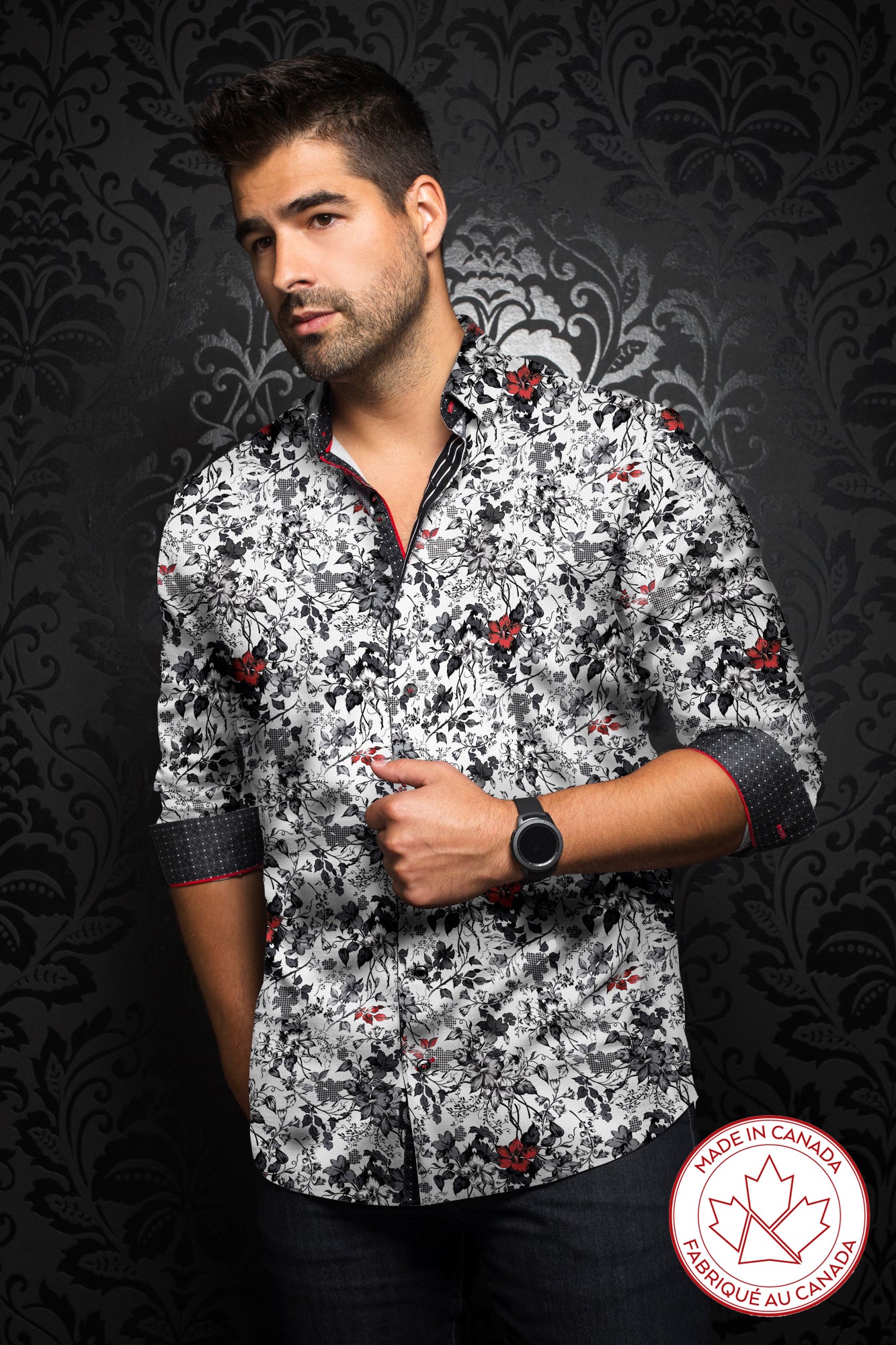 Chemise manches longues pour homme fabriqué au Canada par Au Noir | GARNETT white black red | Boutique Vvög, vêtements mode pour hommes