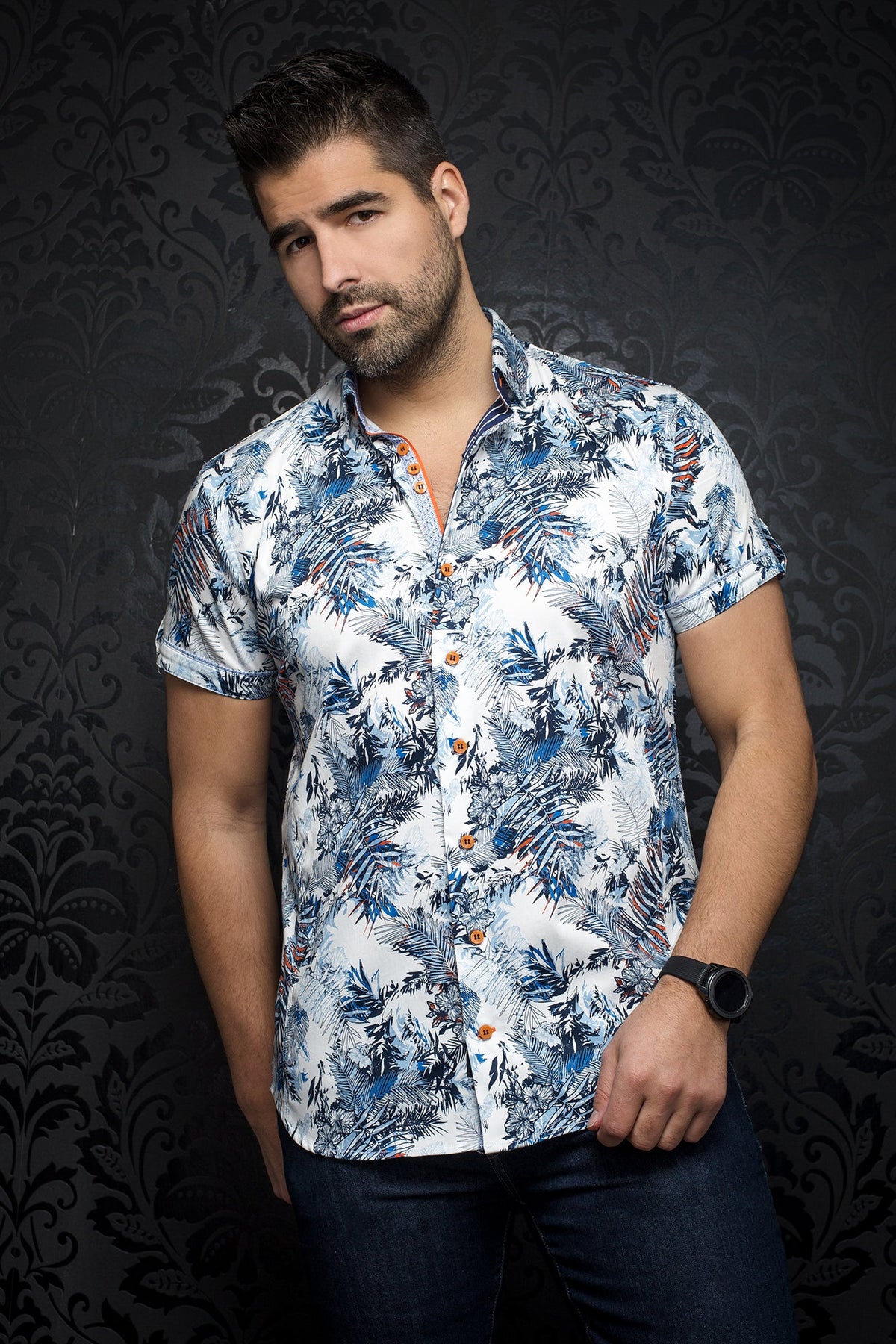 Chemise manches courtes pour homme par Au Noir | MELLONI (SS) white blue | Boutique Vvög, inventaire complet de la marque Au Noir