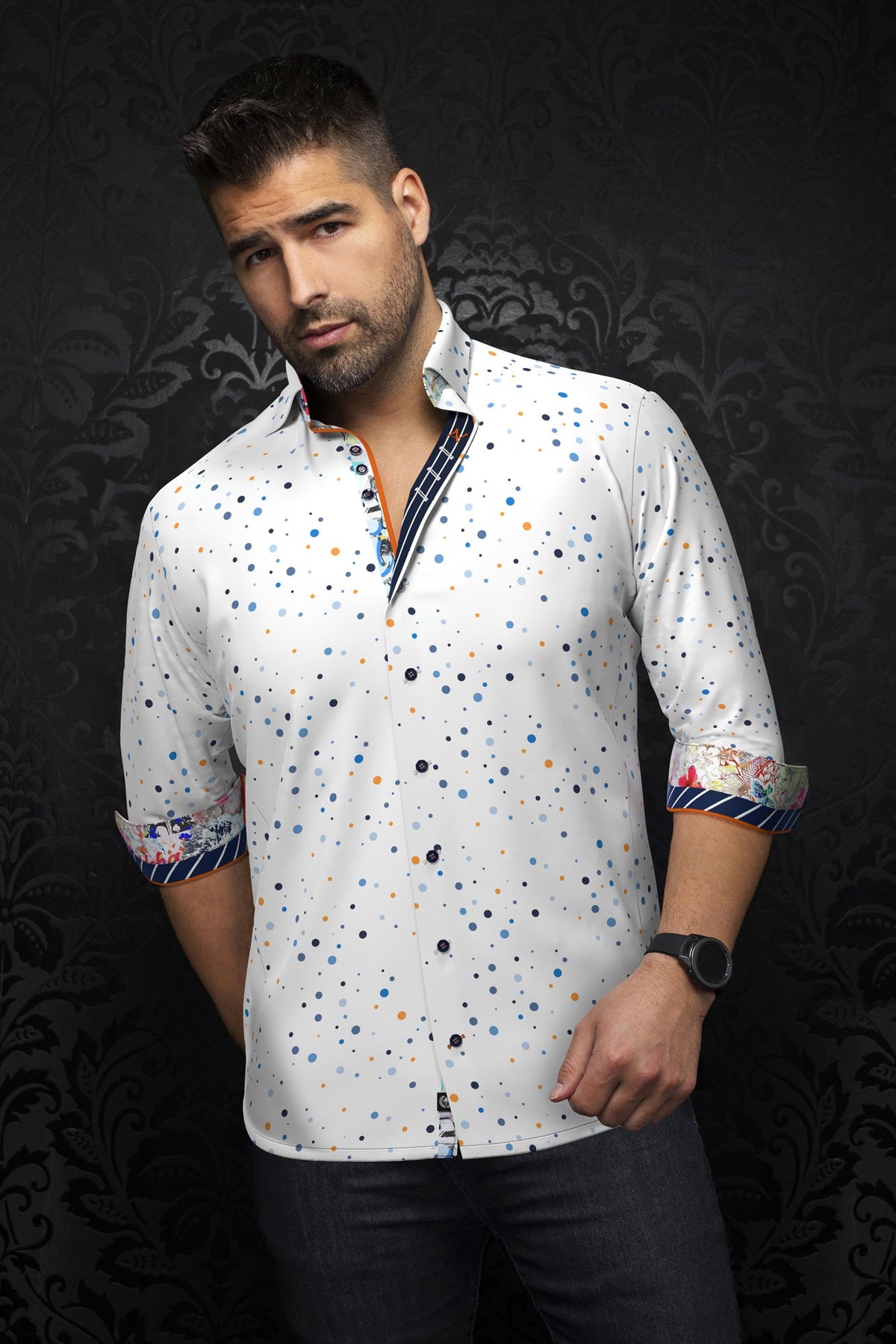 Chemise manches longues en Knit pour homme par Au Noir | ORION Blanc Bleu | Boutique Vvög, inventaire complet de la marque Au Noir