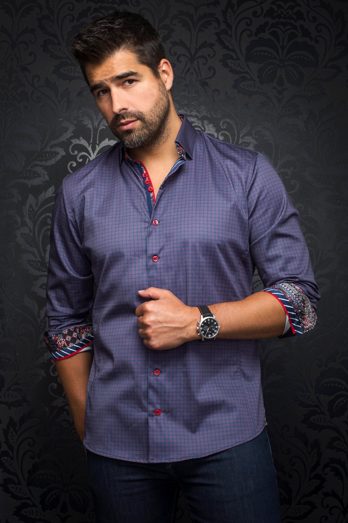 Chemise manches longues en Knit pour homme par Au Noir | PARINI Bleu Rouge/blue red  | Vvog.ca, inventaire complet de la marque Au Noir