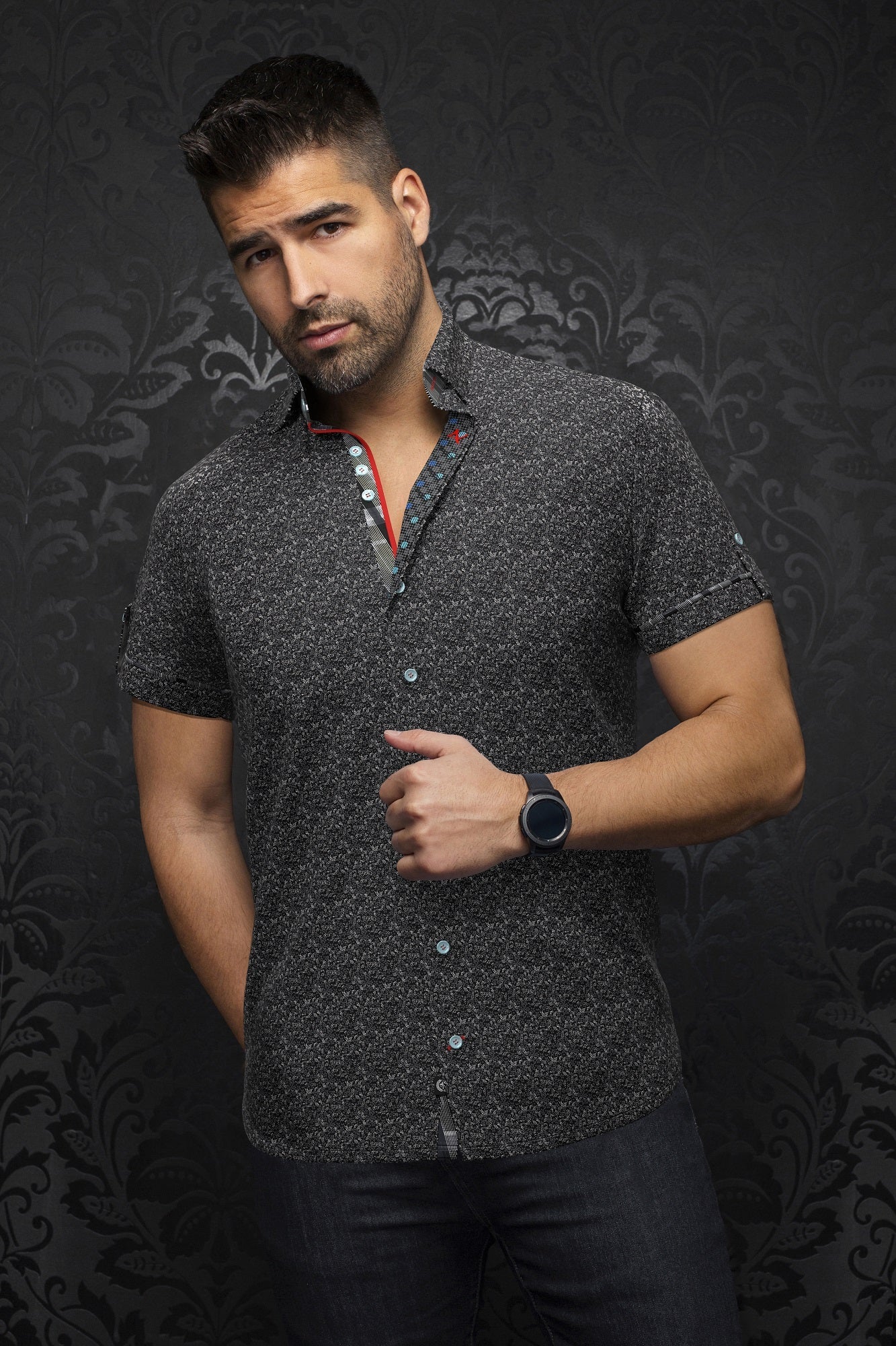 Chemise manches courtes en Knit pour homme par Au Noir | CAMPRA(SS) Noir Gris | Disponible à la Boutique Vvög, vêtements mode pour homme et femme.