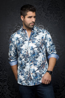 Chemise manches longues pour homme par Au Noir | RENAUD white blue | Boutique Vvög, inventaire complet de la marque Au Noir