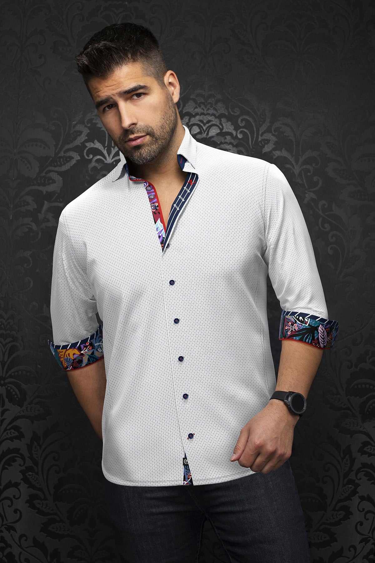 Chemise manches longues en Knit pour homme par Au Noir | RIOJA Blanc Cobalt | Boutique Vvög, inventaire complet de la marque Au Noir
